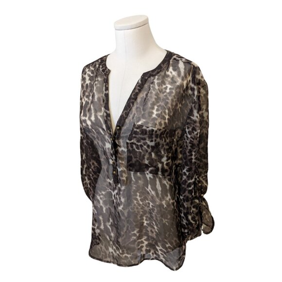 Como Black Womens Long Sleeve Blouse Leopard Print Sheer Henley Neckline Sz L - Picture 3 of 10
